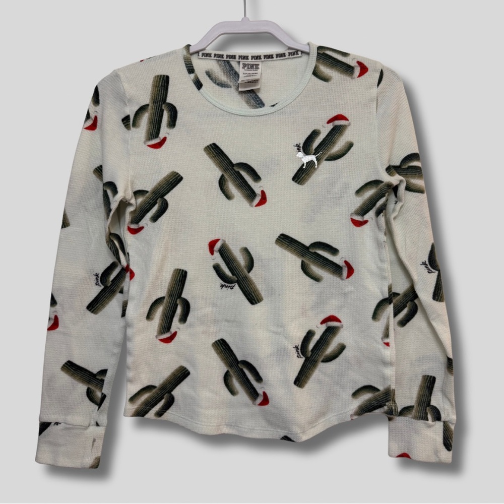 Pink Victoria's Secret Christmas Cactus Thermal Pajama Top Women’s Small